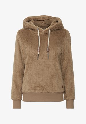 Bruine, harige hoodie met een zachte textuur. Voorzien van verstelbare trekkoorden en ribgebreide boorden en onderkant. Eenvoudig en warm ontwerp.