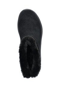Zwarte instaplaars met een zachte, harige binnenvoering, gladde suede buitenkant en een ronde neus. Flexibele rubberen zool voor comfort.