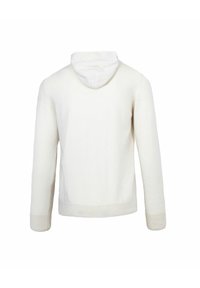 Felpa bianca a maniche lunghe realizzata in tessuto morbido. Presenta un cappuccio strutturato, polsini e orlo a coste. Design semplice e pulito senza decorazioni.