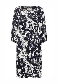 Schwarz-weißer Blumenmuster-Kleid mit Dreiviertelärmeln, einem runden Halsausschnitt und einem Taillenzugdetail. Hergestellt aus leichtem Stoff.