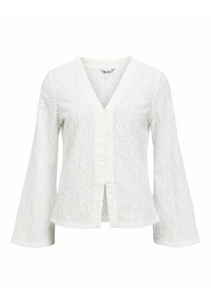 Bela vezeno jakna z V-izrezom, dolgimi rokavi in cvetličnimi vzorci. Ima perforacije in sprednji odprt z gumbno zaponko.