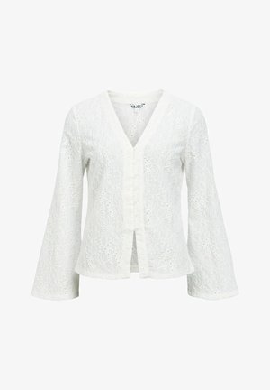 Valkoinen kirjailtu takki V-kauluksella, pitkähihaisilla ja kukkakuvioilla. Takissa on nauhakenkiä ja edessä nappikiinnitys.