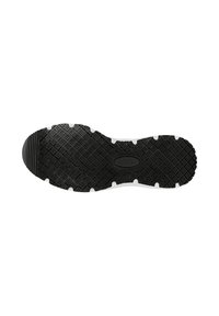 Schwarze Gummisohle mit strukturierten Oberflächen und Rautenmustern sowie weißen Akzenten, entworfen für Grip und Langlebigkeit.