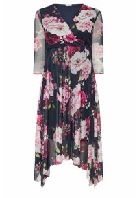 Kukkamekko, jossa on tummansininen pohja, suuria vaaleanpunaisia ja valkoisia kukkia, pitkät läpikuultavat hihat ja epäsymmetrinen helma.