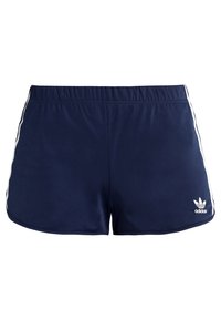 Marinblå Adidas träningsshorts med vita sidostråk, elastisk midja och liten Adidas-logga på framsidan av höger ben.