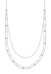 Srebrny naszyjnik z podwójnymi sznurkami; jeden z nich ma wydłużone ogniwa, a drugi to cienki łańcuszek. Polerowany metal o gładkiej teksturze, minimalistyczny design.