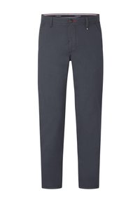 Dark gray trousers with a straight cut, featuring a button closure, belt loops, and pocket details. Made from a smooth fabric with subtle texture.