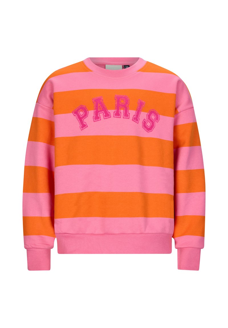 Gestreifter Sweatshirt in Pink und Orange, mit auffälliger "PARIS" Bestickung auf der Brust. Hergestellt aus weichem Stoff mit gerippten Bündchen.