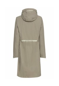 Beige waterproof coat with a hood, long sleeves, and a cinched waist. Features a reflective logo strip and smooth, textured fabric.