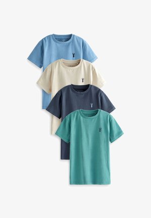 Vier kurzärmelige T-Shirts in Hellblau, Creme, Dunkelblau und Teal. Jedes hat eine kleine Hummer-Stickerei auf der Brust.