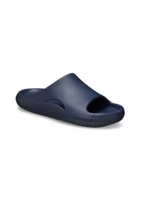 Sandali slip-on blu navy con punta aperta e ritagli laterali, realizzati in materiale liscio, con una soletta testurizzata e suola rigata per una migliore aderenza.