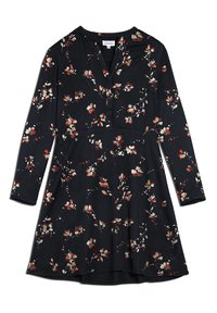 Vestido negro de manga larga con un patrón floral en crema y rojo, con escote en V y diseño de falda acampanada. Textura de tela suave.