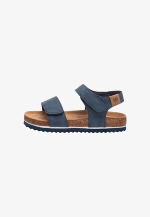 Sandalia de ante azul con correas ajustables, plantilla de corcho y suela de goma negra diseñada para la comodidad y el uso informal.