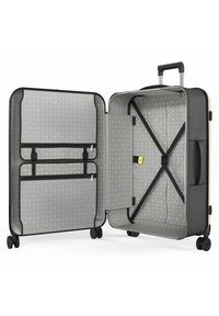 Hartschalenkoffer in Schwarz mit einem grauen, gemusterten Innenraum. Zu den Merkmalen gehören zwei Fächer, Kreuzgurte und ein ausziehbarer Griff mit Rollen.