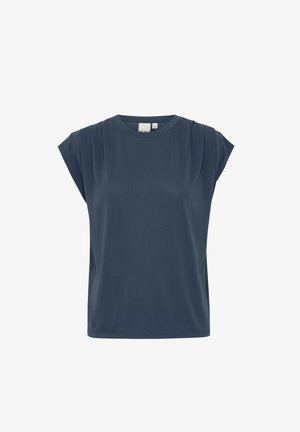 Navy blue short-sleeve top with a round neckline, featuring decorative pleats on the shoulders and smooth, soft fabric texture.
