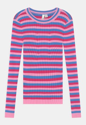 Langærmet ribstrikket sweater med vandrette striber i pink, blå og rød, med rund halsudskæring.