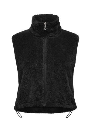 Veste sans manches en polaire noire avec col montant, fermeture éclair devant et cordons ajustables à l’ourlet.