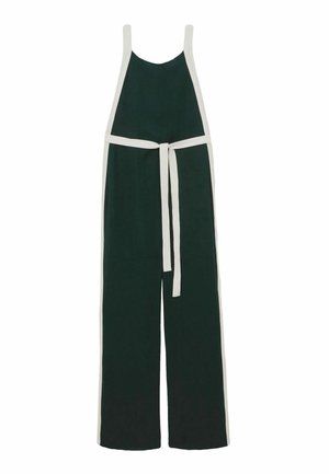 Tumši zaļš bez piedurknēm jumpsuits ar plašām kājām, balta apdare pa malām un balts jostas siksna.