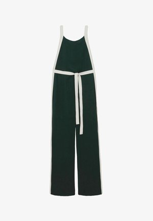 Tume roheline ilma varrukateta kombinesoon, laiad jalad, valged äärised ja valge vöö.