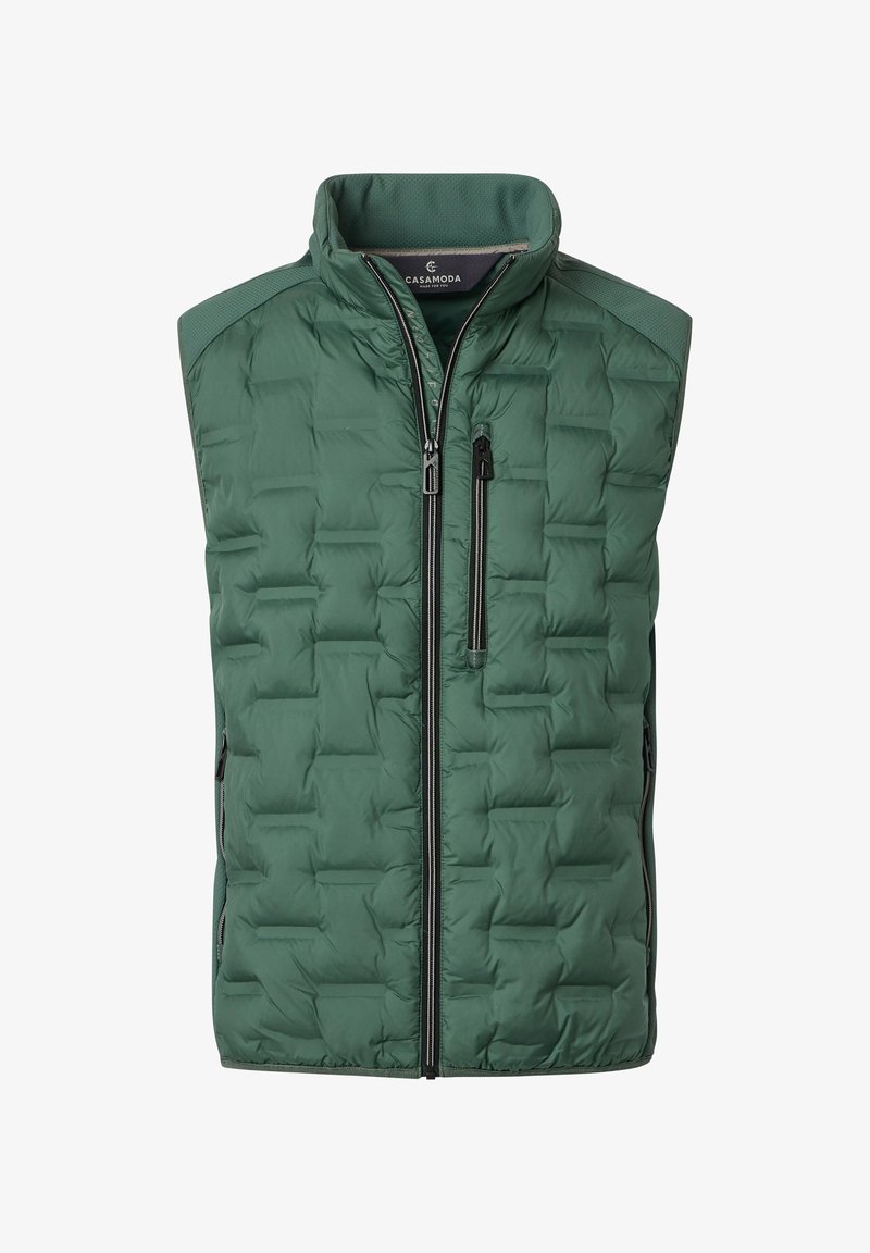Gilet imbottito verde con collo alto, chiusura frontale con zip e tasche laterali. Presenta una trama trapuntata e dettagli in metallo neri a contrasto.
