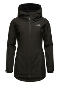 Veste imperméable noire avec fermeture éclair sur le devant, capuche réglable et poches. Texture douce avec un ourlet plus long à l'arrière et logo brodé sur la poitrine.