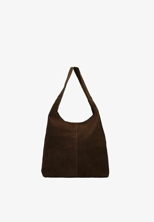 Brown suede shoulder bag with a single strap, featuring a soft texture, slouchy design, and minimal stitching along the front.