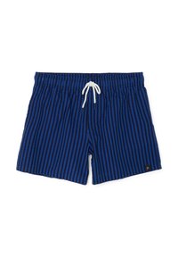 Pantaloncini da bagno a righe blu e navy con cintura elastica, cordino bianco e piccolo logo "P" giallo sul fondo. Tessuto morbido.