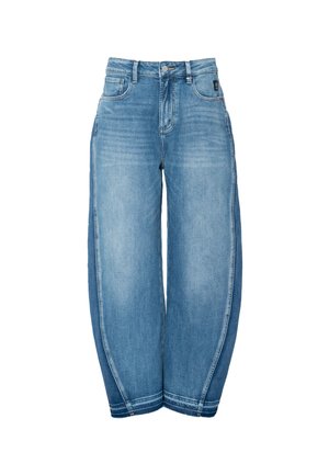 Jeans in denim azzurro chiaro a gamba larga con vita alta, caratterizzati da un design a cinque tasche, chiusura con bottoni e un dettaglio di leggero scolorimento.