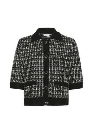 Schwarz-weißer kariierter Cardigan mit kragenförmigem Ausschnitt, kurzen Ärmeln, vier großen Knöpfen und zwei seitlichen Taschen. Strukturiertes Strickmaterial.