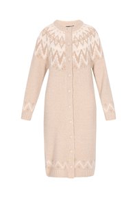 Beige gebreide cardigan met een ronde halslijn, voorzien van een geometrisch wit patroon op de schouder en knopen aan de voorkant. Lange mouwen.