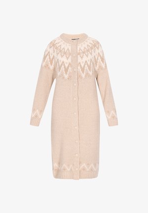 Béžový pletený kardigan s kulatým výstřihem, s geometrickým bílým vzorem na lodičce a knoflíky vpředu. Dlouhé rukávy.