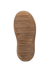 Hnědá gumová podrážka s texturovanými drážkami, opatřená kruhovým logem a vyraženým názvem značky "Naturino." Zakulacené hrany na špičce a patě.