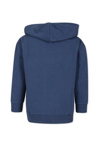 Felpa blu navy, realizzata in morbido cotone, presenta una tasca a canguro, polsini a costine e cappuccio con cordino. Tessuto liscio e strutturato.
