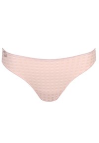Light pink thong with a checked pattern, featuring a delicate lace trim along the waistband and a small decorative accent on one side.