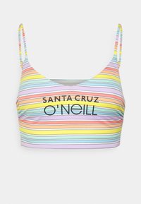 Bralette a righe in colori pastello con scollatura a V, spalline sottili e testo nero "SANTA CRUZ O'NEILL" sul davanti.