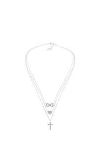 Sølvlaget halskæde med tre kæder, der bærer vedhæng af et kors, et hjerte og et uendelighedssymbol, alle prydet med funklende accenter.