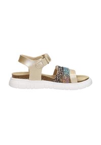 Gold-colored sandal with adjustable ankle strap, glittery blue and leopard print accents, cushioned cork footbed, and white rubber sole.