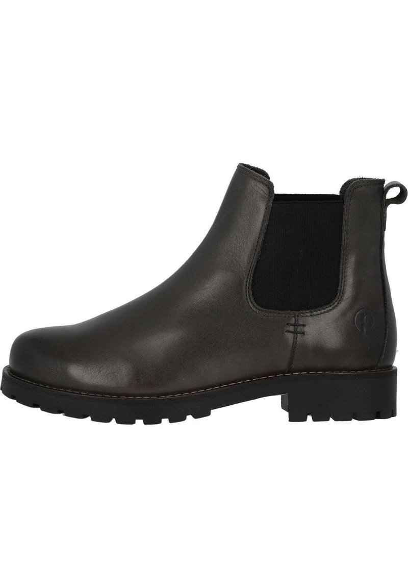 Botas Chelsea de cuero marrón oscuro con paneles laterales elásticos, punta redonda y suela de goma texturizada; tirador en la parte trasera para facilitar el uso.
