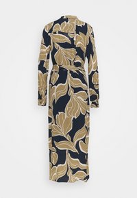 Długa, granatowa sukienka w kwiatowy wzór z kremowymi i złotymi liśćmi. Posiada długie rękawy, pasek w talii oraz zapinany z tyłu fason.