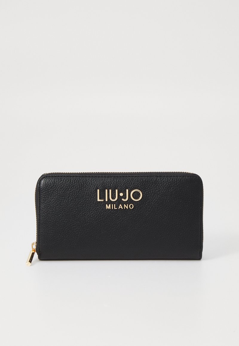Black leather wallet with a textured surface, gold "LIU·JO MILANO" logo on the front, and a zipper closure along the top edge.