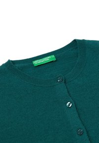 Teal knit cardigan with a round neckline, featuring a button closure, ribbed cuffs, and a label reading "United Colors of Benetton."