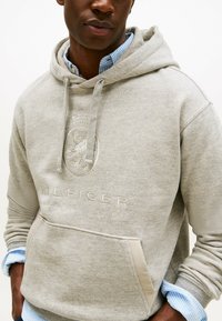 Uomo che indossa un hoodie grigio chiaro con un logo a stemma e la scritta "HILFIGER Est. 1985", sovrapposto a una camicia a righe blu e bianche.