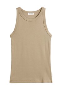 Top de tirantes beige hecho de algodón suave, con un escote redondo y amplias sisas, presenta una textura lisa y costuras mínimas.