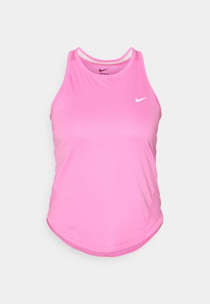 Roze sportieve tanktop met een afgeronde onderrand, gemaakt van een gladde, lichte stof; heeft een klein wit Nike-logo aan de voorkant.