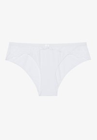 Mutande bikini bianche realizzate in tessuto morbido, con bordo in pizzo lungo l'elastico in vita e un piccolo fiocco in raso al centro davanti.