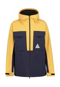 Giacca impermeabile gialla e blu navy con zip frontale, cappuccio regolabile, due grandi tasche frontali e un logo triangolare sul petto.