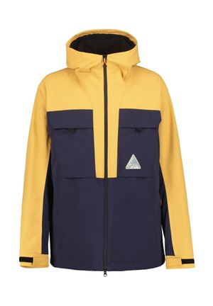 Žlutá a tmavě modrá nepromokavá bunda se zipem vpředu, nastavitelnou kapucí, dvěma velkými předními kapsami a trojúhelníkovým logem na hrudi.