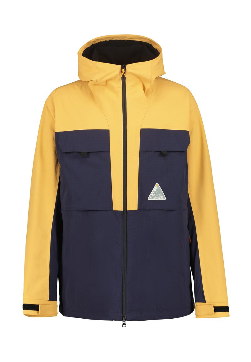 Giacca impermeabile gialla e blu navy con zip frontale, cappuccio regolabile, due grandi tasche frontali e un logo triangolare sul petto.