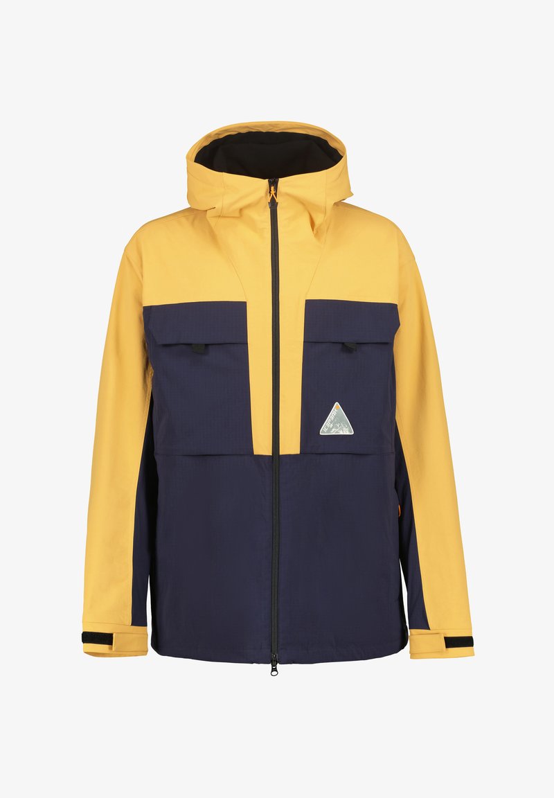 Giacca impermeabile gialla e blu navy con zip frontale, cappuccio regolabile, due grandi tasche frontali e un logo triangolare sul petto.