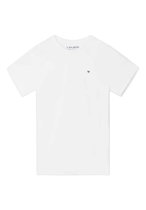 Camiseta de algodón blanca con mangas cortas, cuello redondo y un pequeño logotipo azul en el lado izquierdo del pecho. Textura suave, ajuste casual.